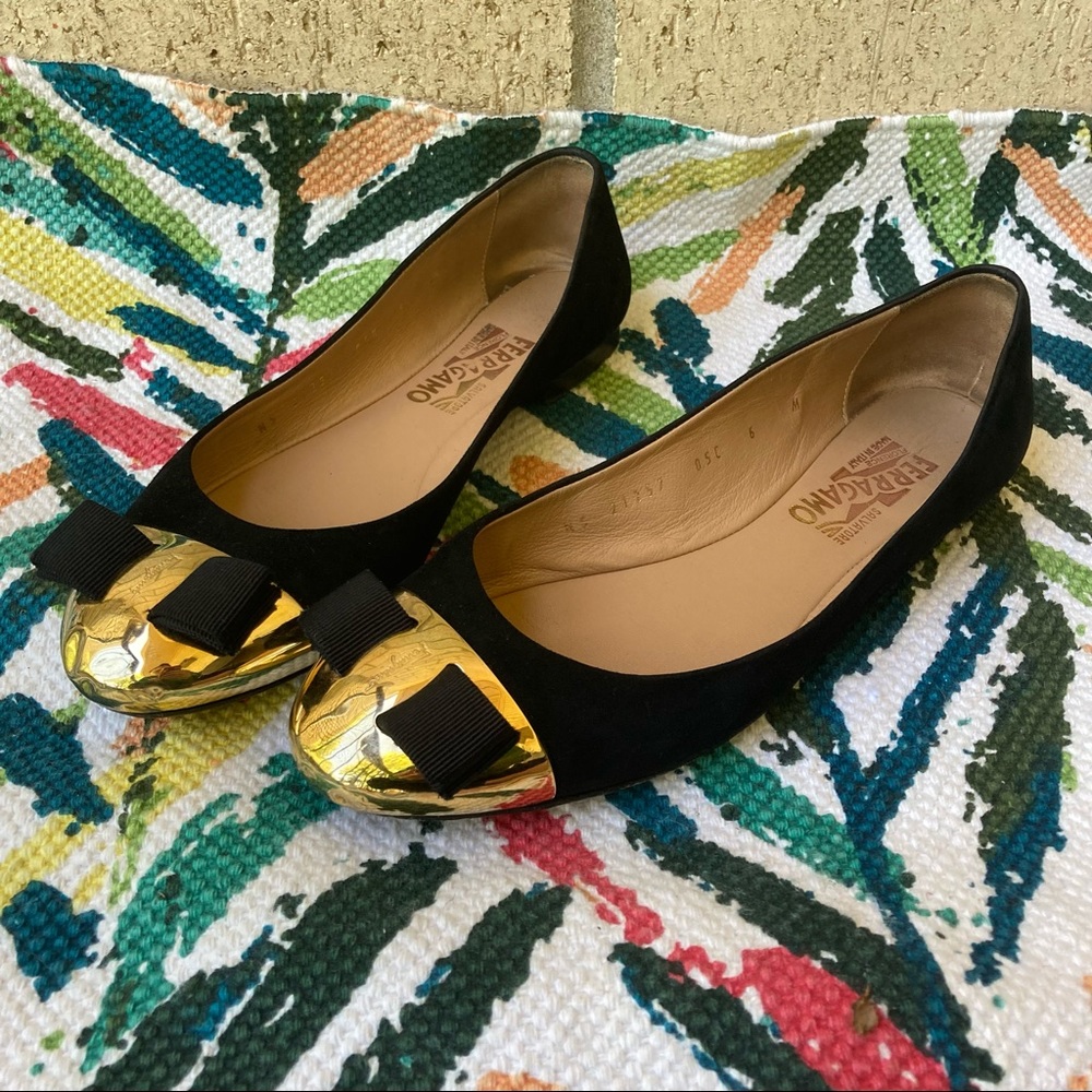 Salvatore Ferragamo Varina Cap-Toe Bow Flat Black Suede Ballet Flat Gold Toe